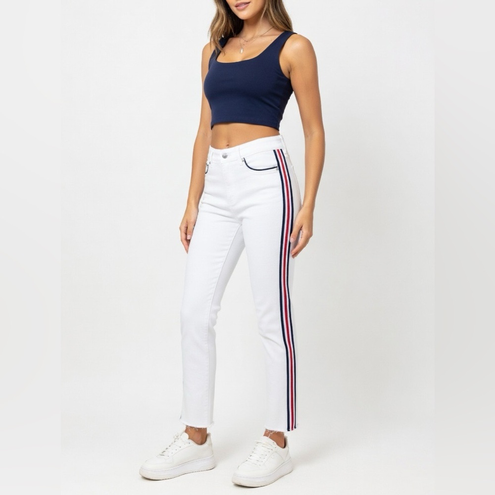 Peter Nygard Luxe Denim Slims White Ankle Jeans XS 2-4 Red Navy Side Stripe NWT